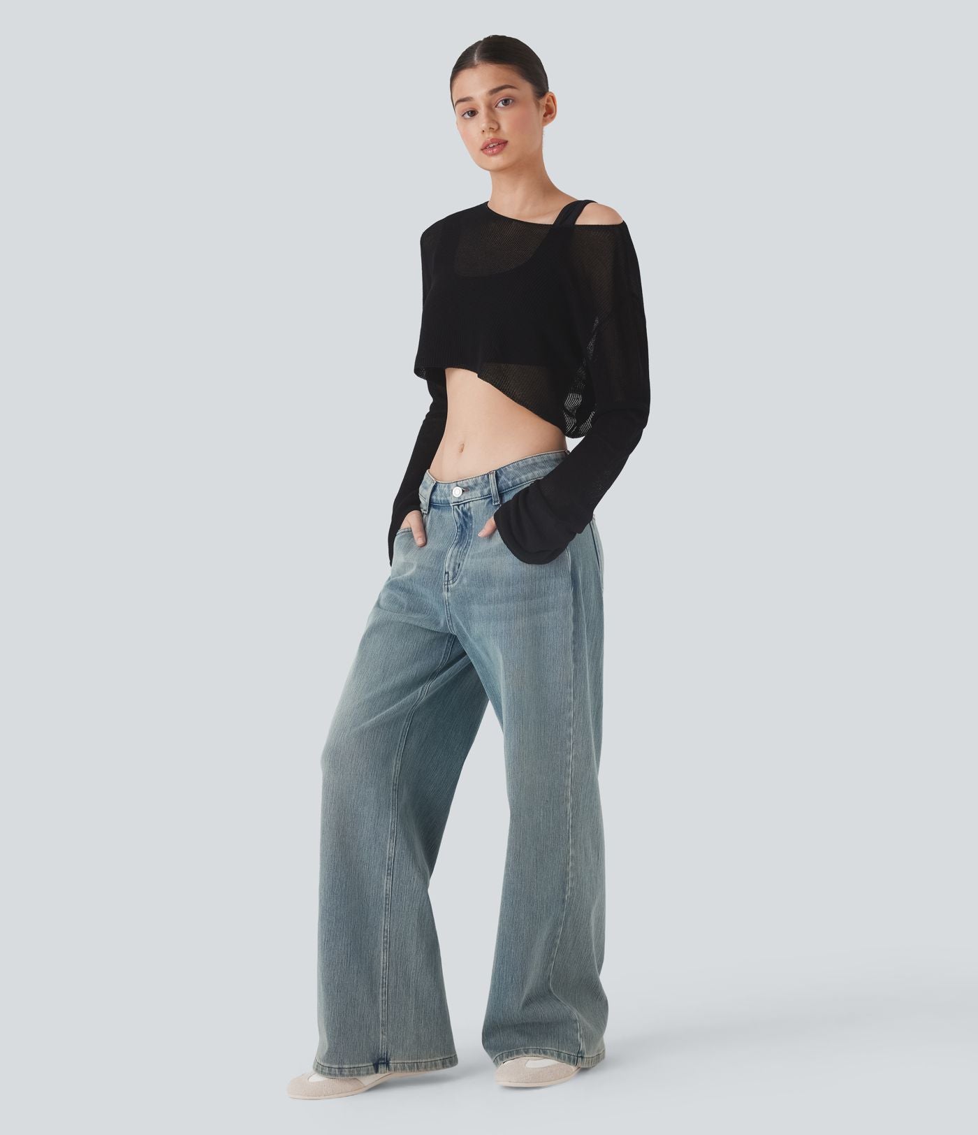 Pull décontracté transparent crop top encolure arrondie avec manches volantées