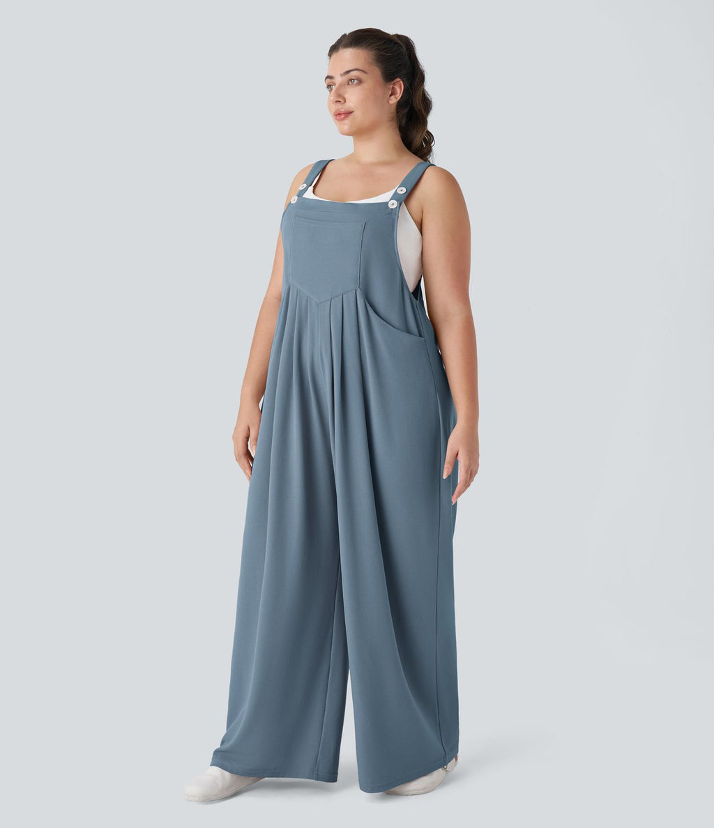 Salopette Casual Grande Taille en Gaufré avec Bretelles Ajustables Boutons et Poches Multiples