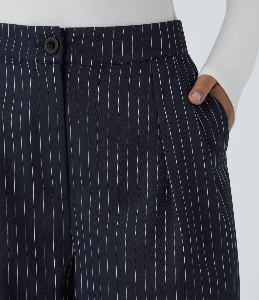 Pantalon Tailleur Large Fluide à Rayures, Taille Haute, Bouton et Fermeture Éclair, Poches Latérales