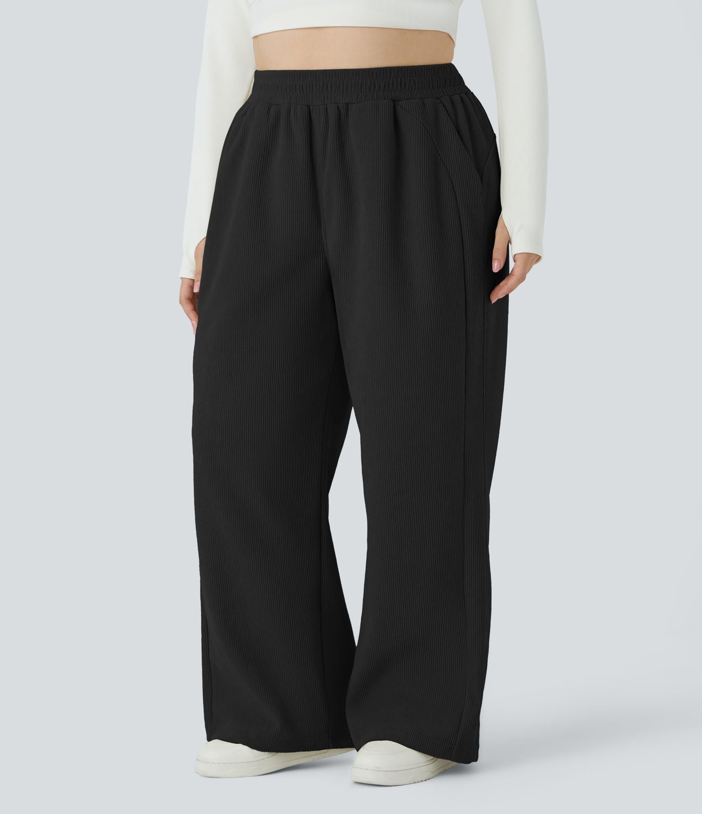Pantalon décontracté grande taille en velours côtelé coupe droite taille haute avec poches latérales