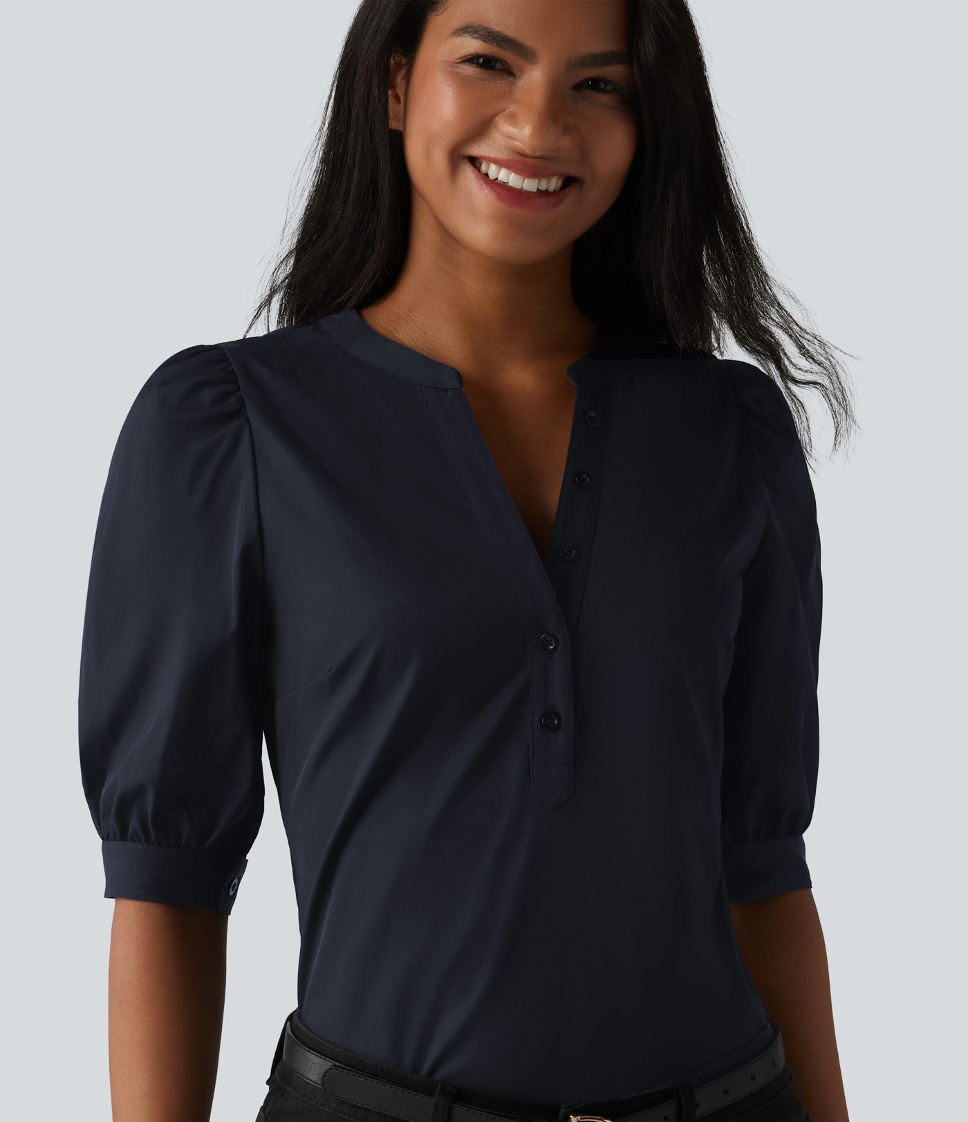 Blouse décontractée col Henley manches bouffantes mi-longues