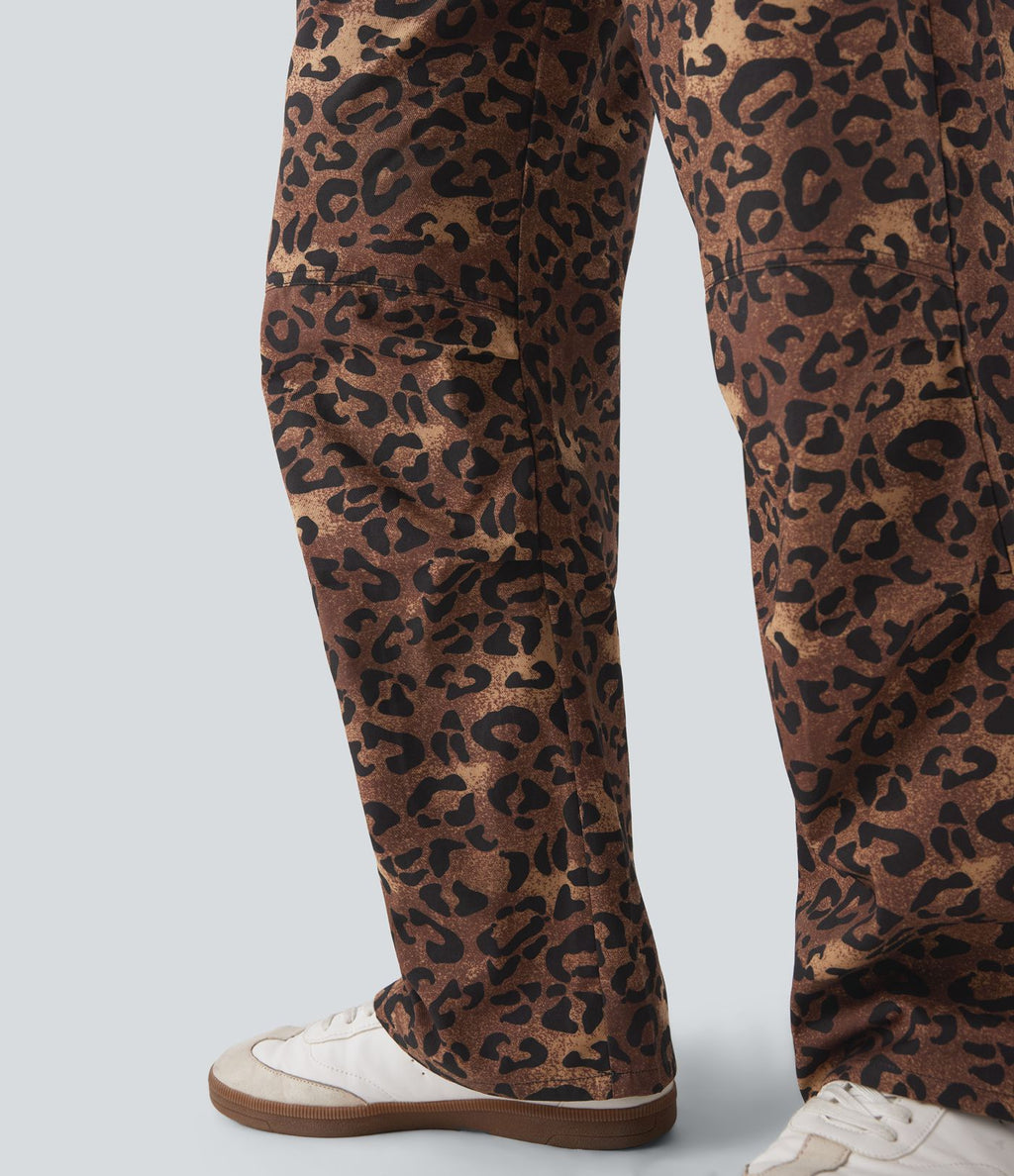 Pantalon casual taille haute cordon jambe droite imprimé léopard avec poches