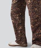 Pantalon casual taille haute cordon jambe droite imprimé léopard avec poches