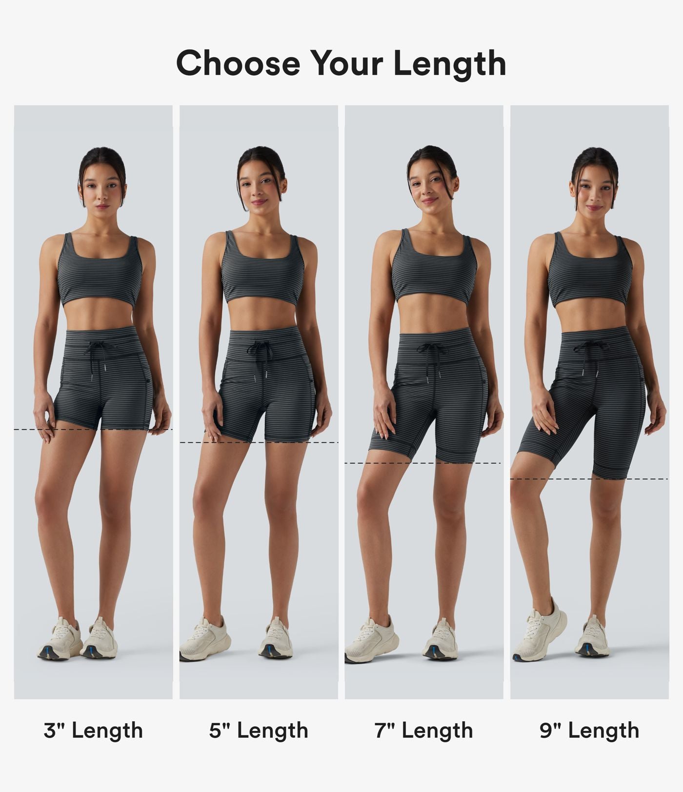 Short cycliste de yoga taille haute à rayures avec cordon de serrage 7,5 cm et poches