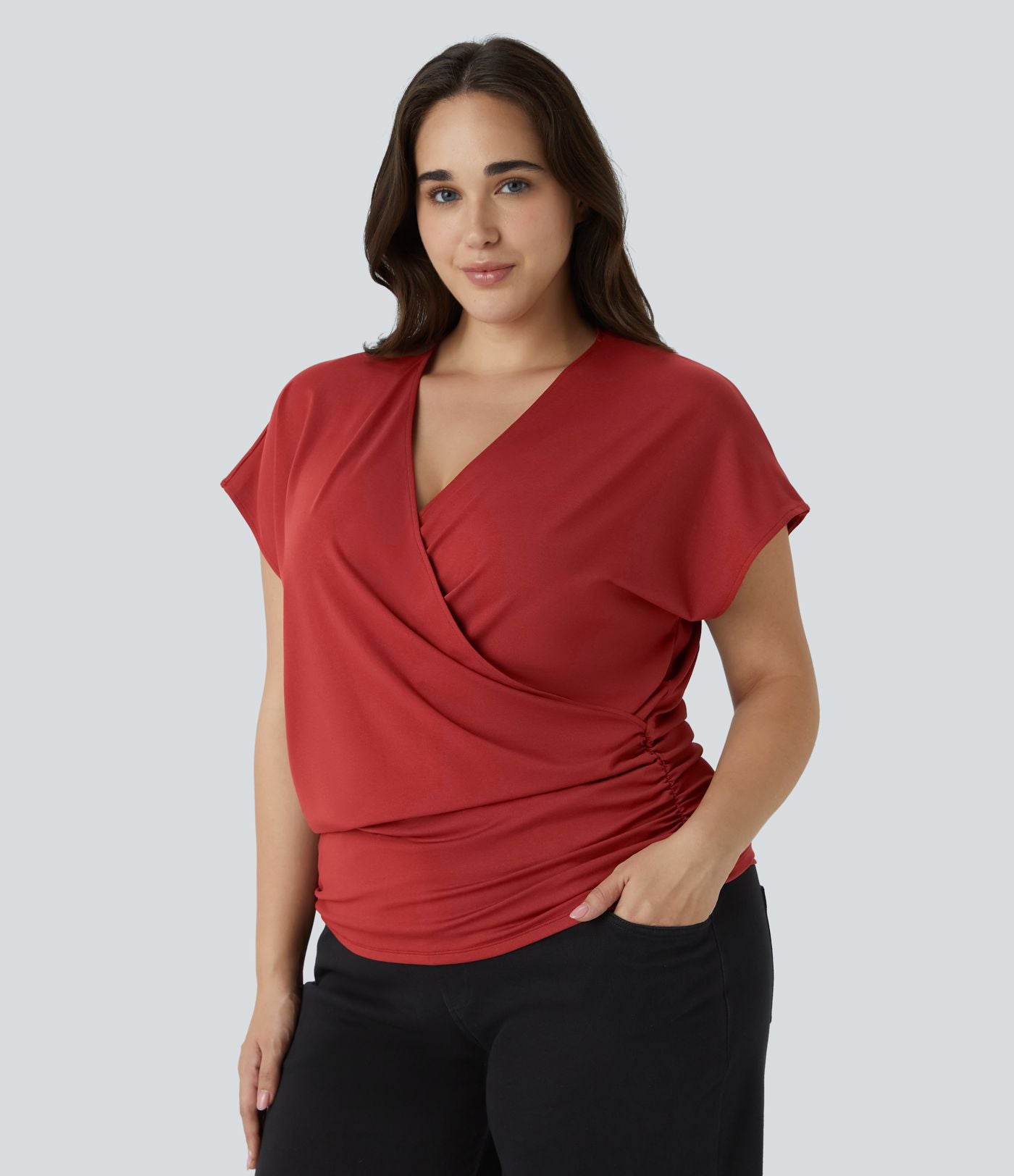 Blouse Travail Unie Froncée Croisée Manches Courtes Col en V Grande Taille