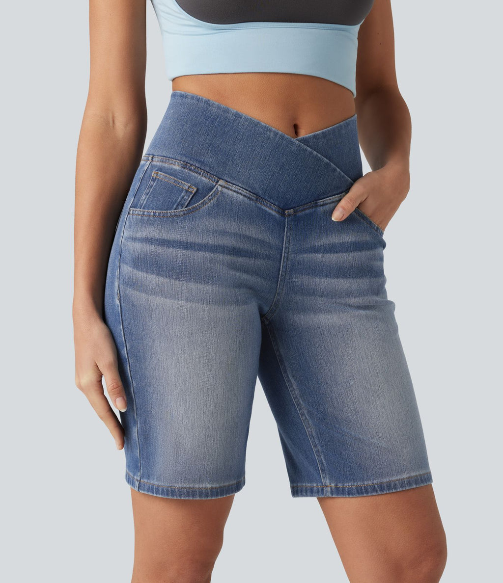 Short en jean Halara Flex™ casual gainant taille haute croisée avec poches