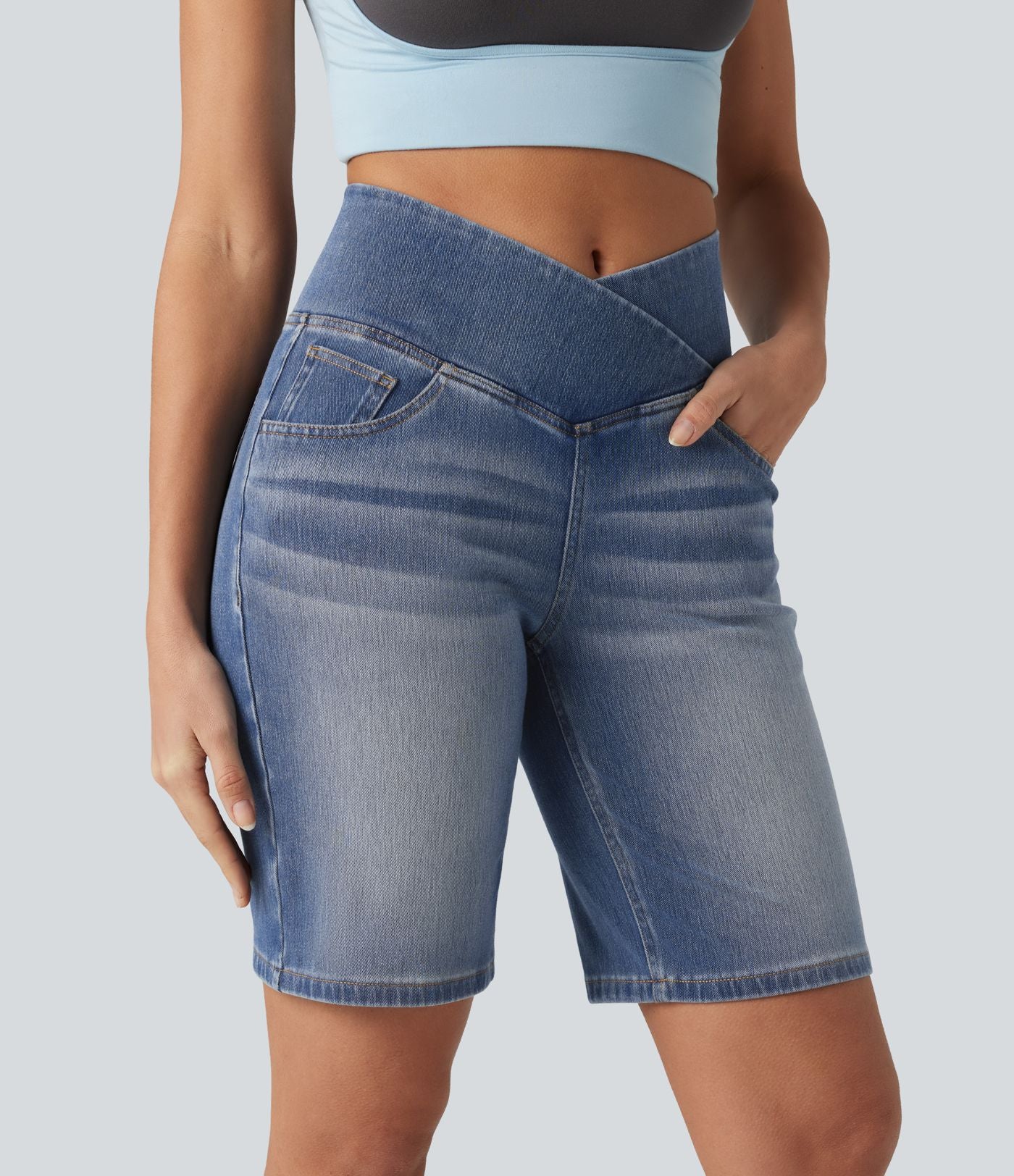 Short en jean Halara Flex™ casual gainant taille haute croisée avec poches