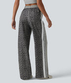 Pantalon ample décontracté taille mi-haute avec cordon de serrage color block rayures léopard contrastant avec poches