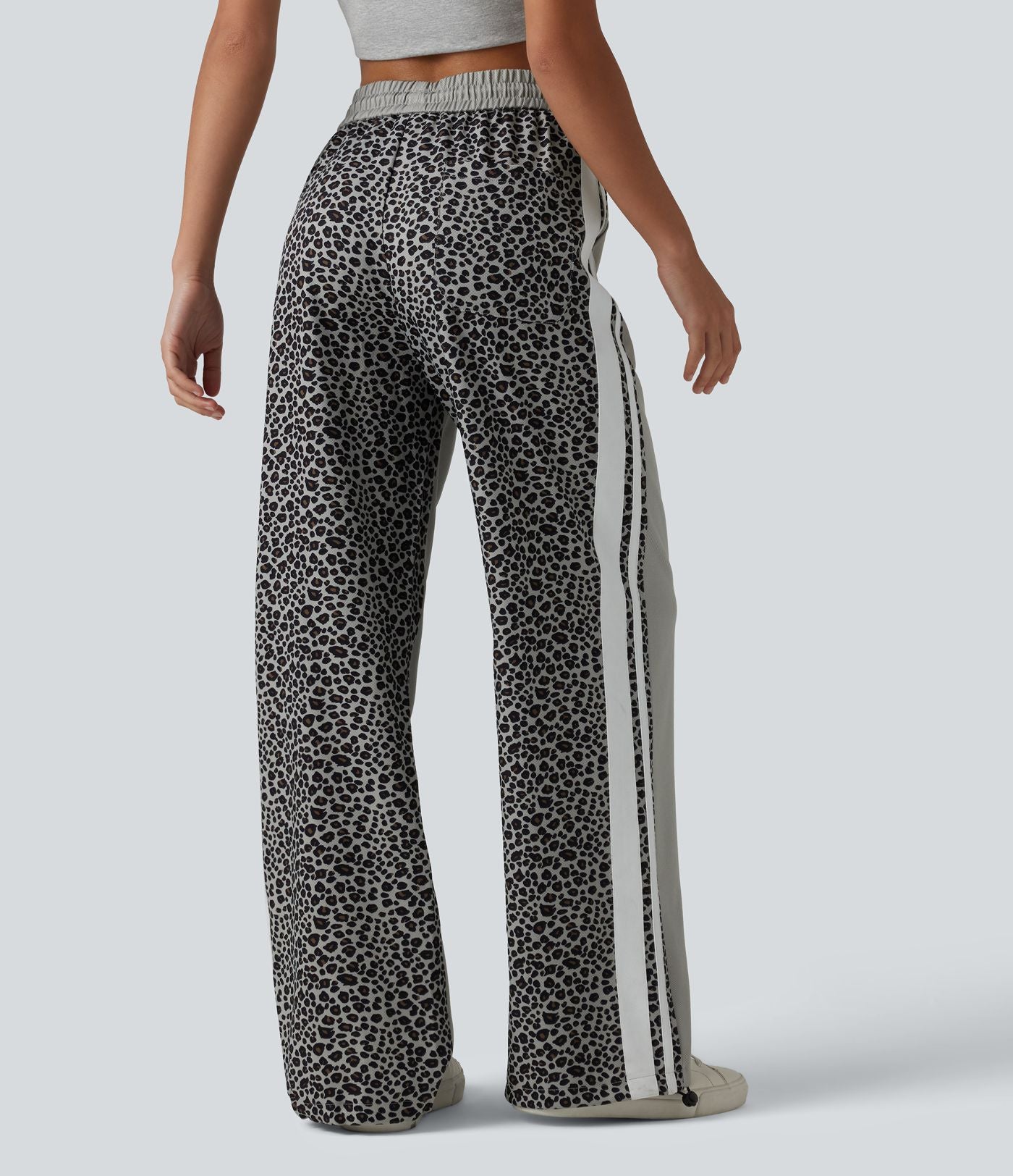 Pantalon ample décontracté taille mi-haute avec cordon de serrage color block rayures léopard contrastant avec poches