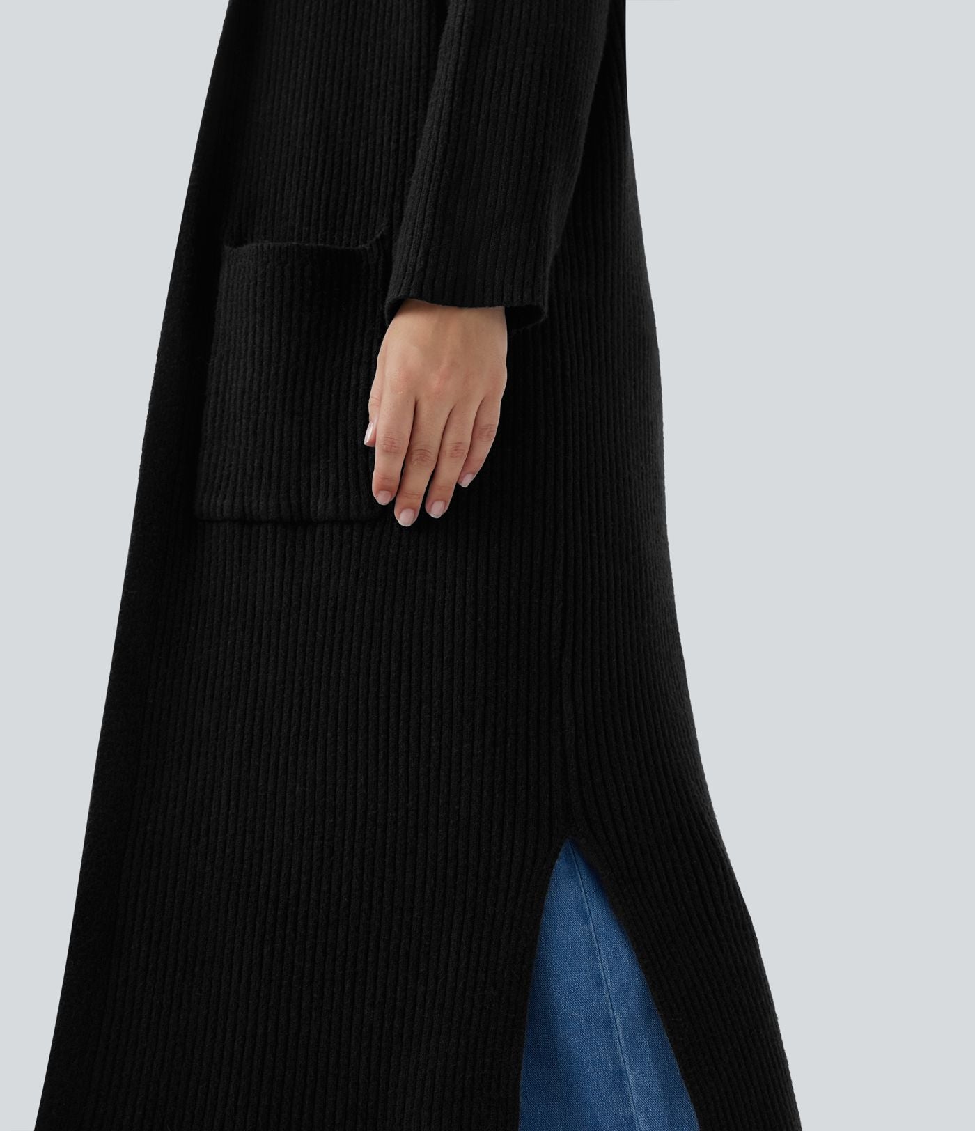 Cardigan long casual à capuche avec poches latérales et fentes grande taille manches longues