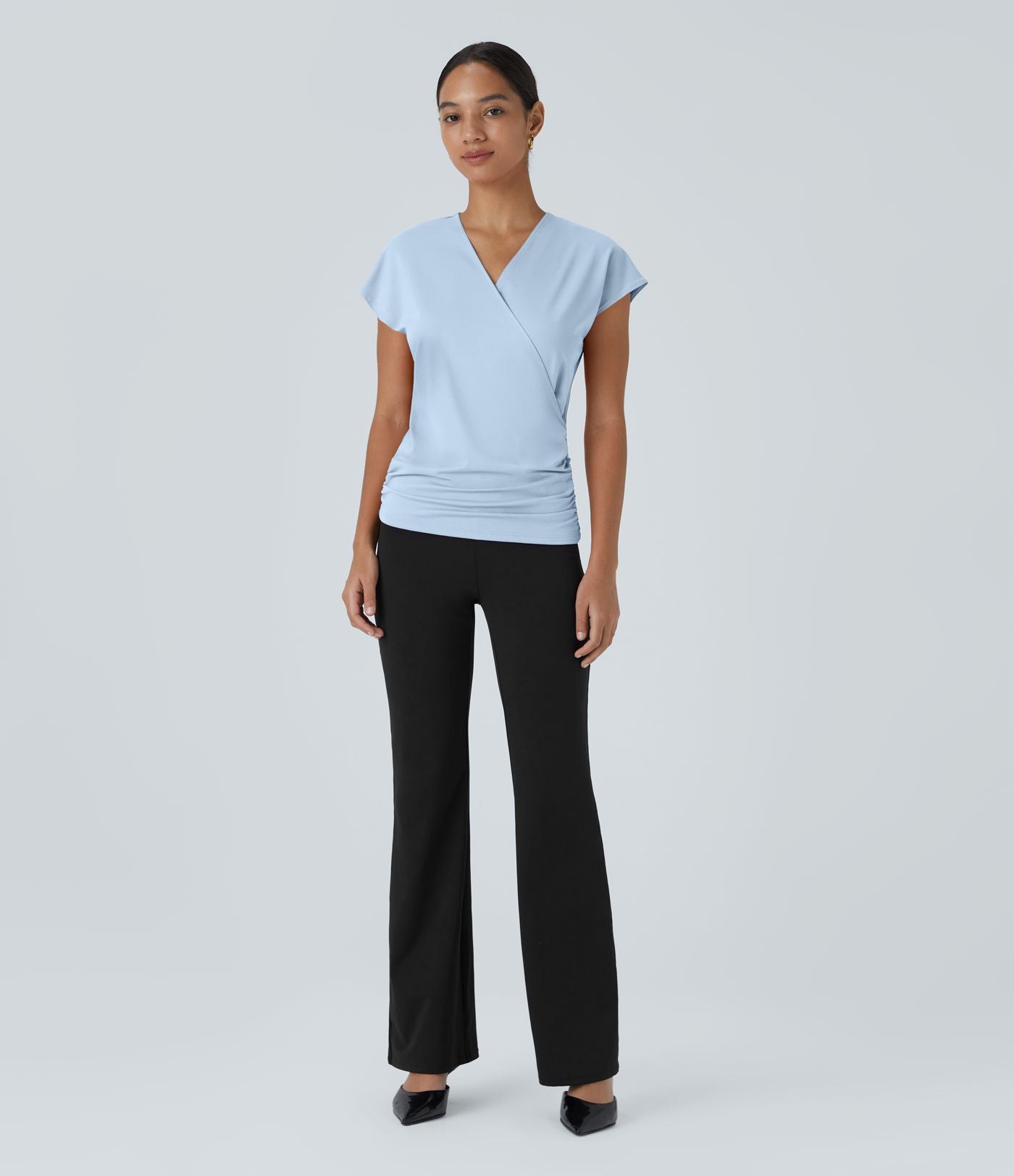 Blouse Travail Unie Froncée Croisée Manches Courtes Col en V