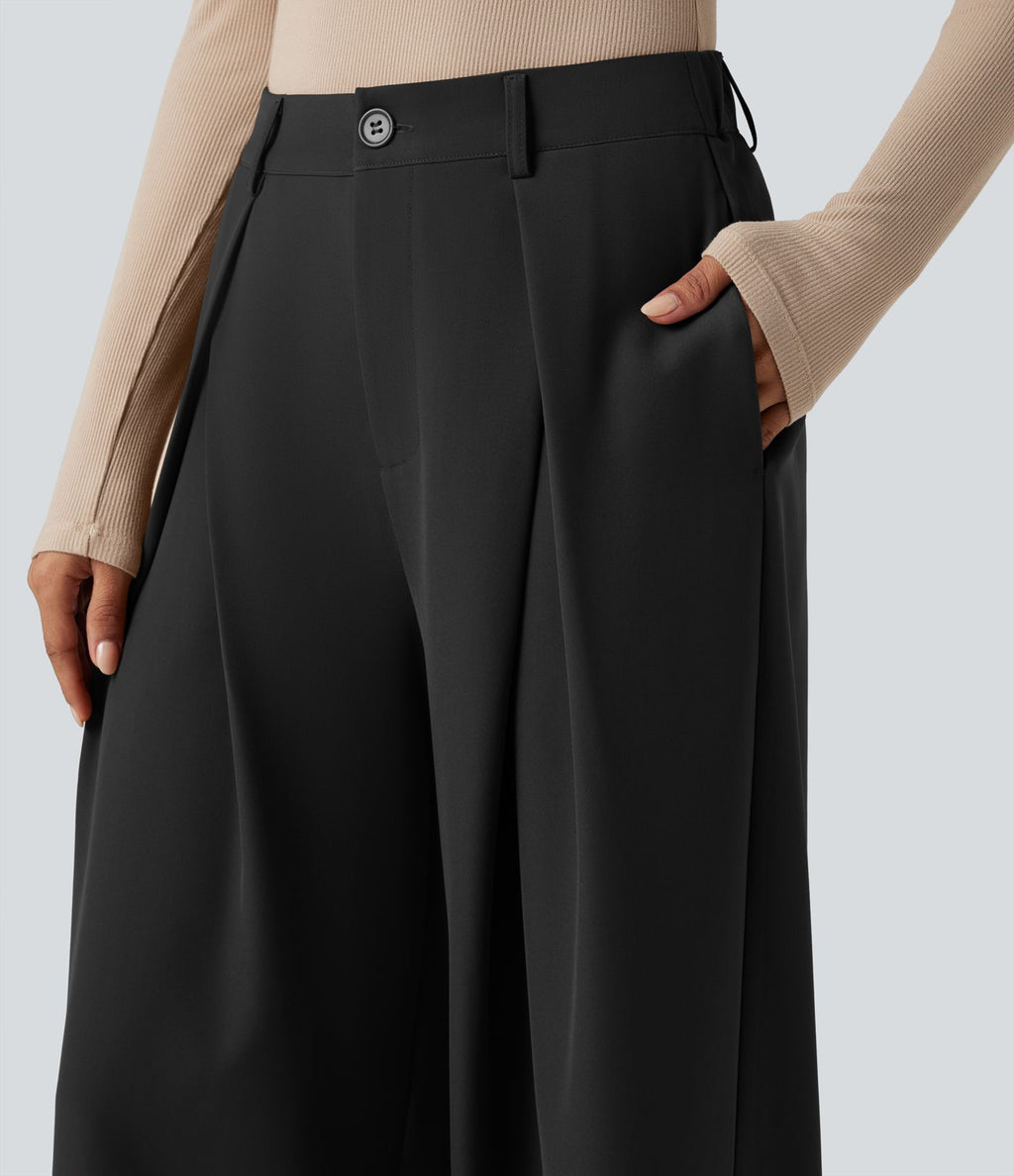 Pantalon tailleur large, taille haute, à poches