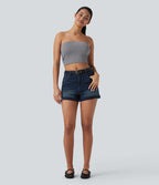 Short 7,5 cm décontracté en jean extensible Halara Flex™ taille moyenne avec boutons, zip et multiples poches