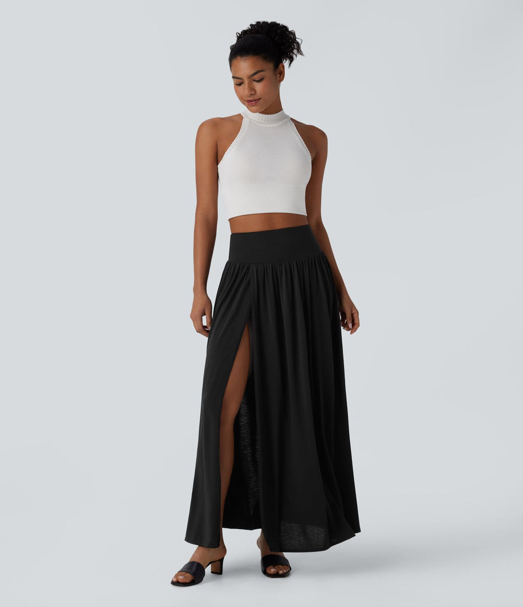 Jupe décontractée maxi fluide 2-en-1 taille haute avec fente