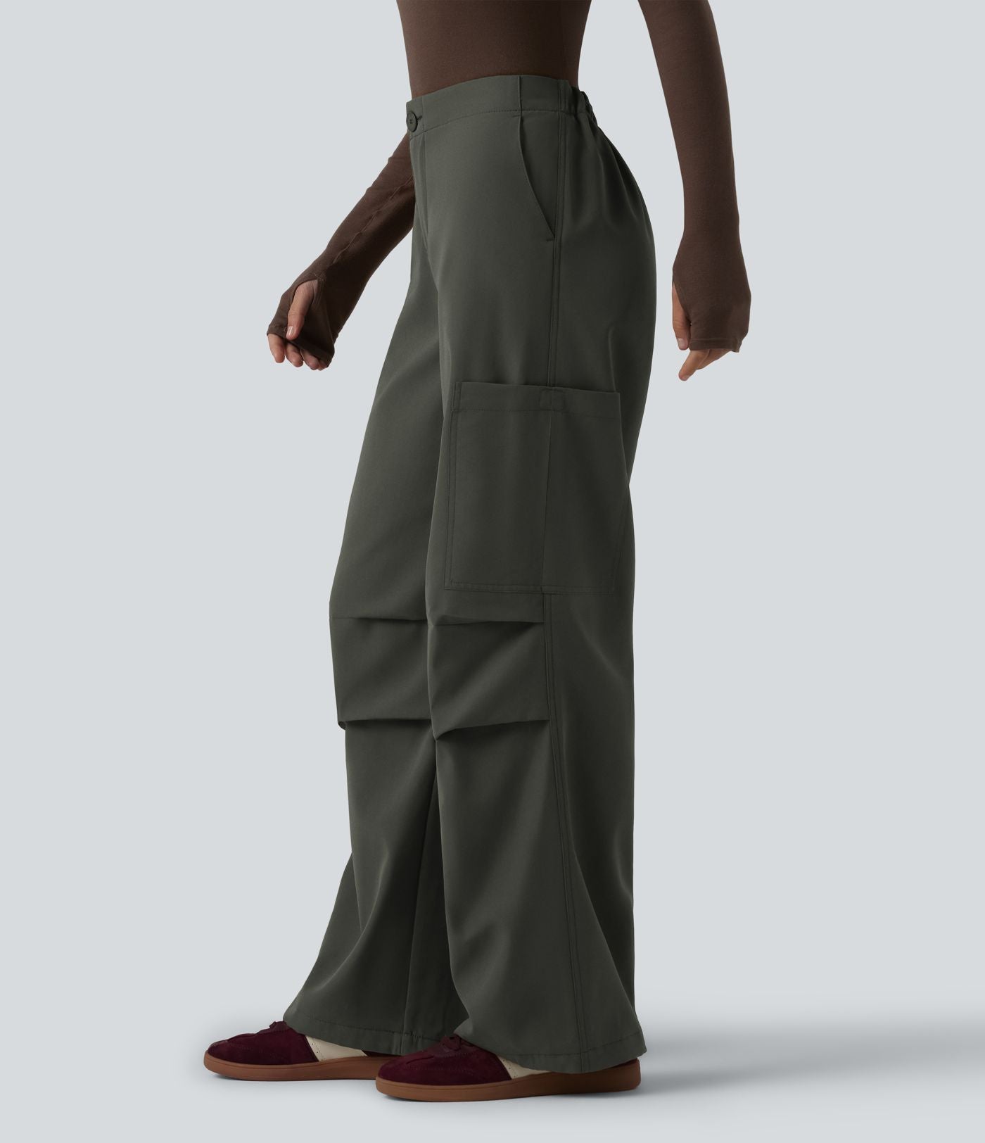 Pantalon parachute large fluide décontracté en polaire taille haute avec poches