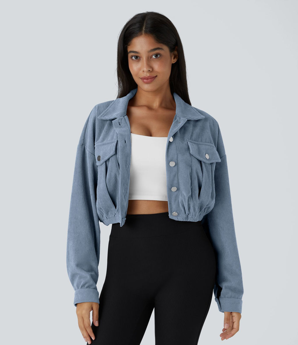 Veste Casual en Velours Côtelé à Boutons Poches Col Court