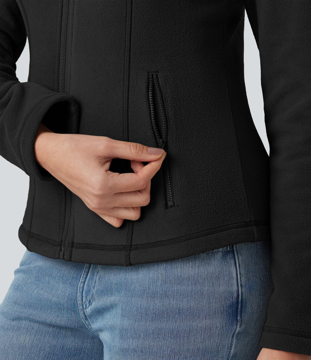 Veste polaire décontractée coupe ajustée à col montant, fermeture zippée et poches