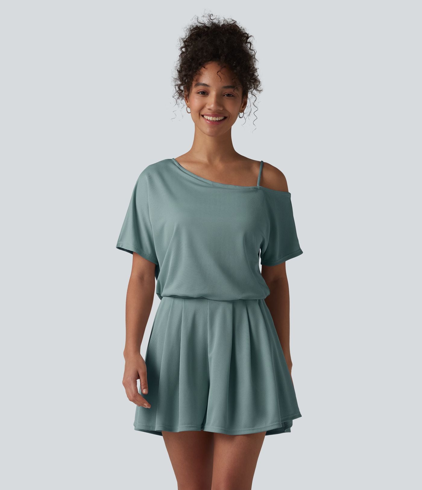 Combishort casual asymétrique manches courtes plissé en nid d'abeille avec poches - Édition Easy Peasy