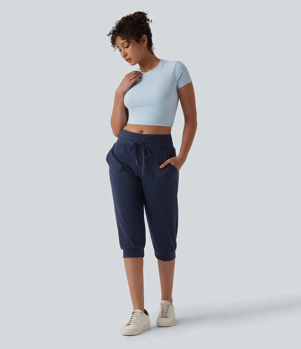 Jogging casual capri taille mi-haute avec cordon de serrage et poches