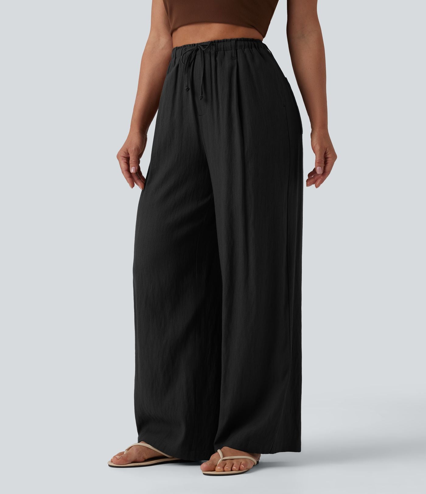 Pantalon casual ample taille haute aspect lin à cordon de serrage avec poches