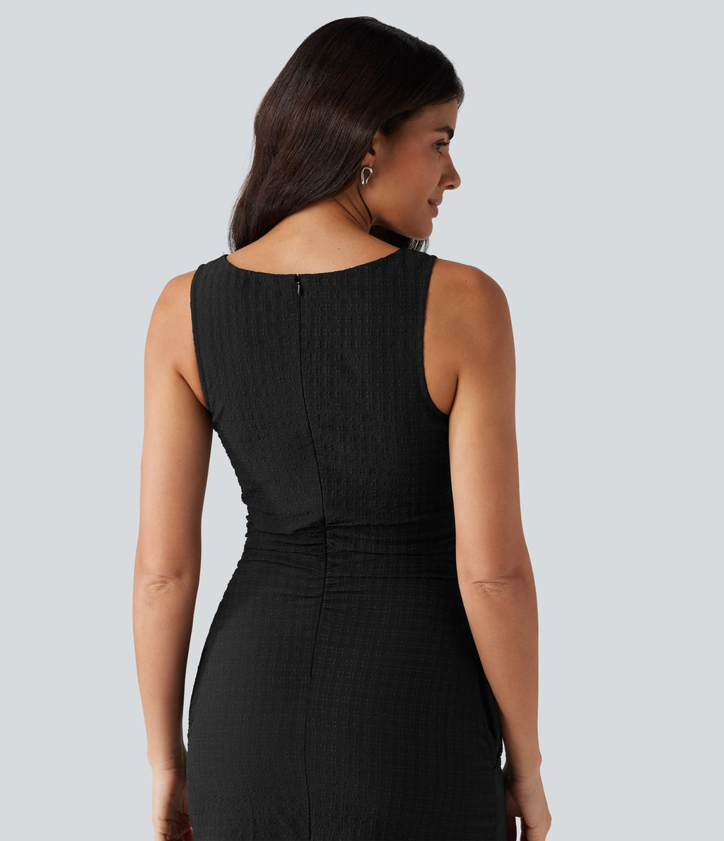Robe mini casual sans manches col bateau à carreaux vichy, avec poches