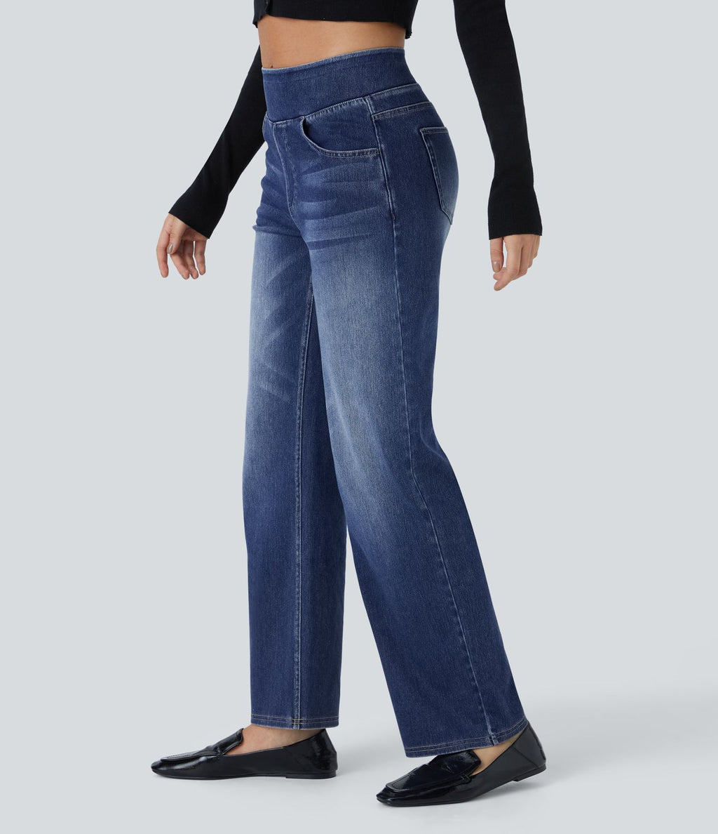 Jean décontracté Halara Flex™ taille haute, extensible, délavé, jambes droites avec poches multiples