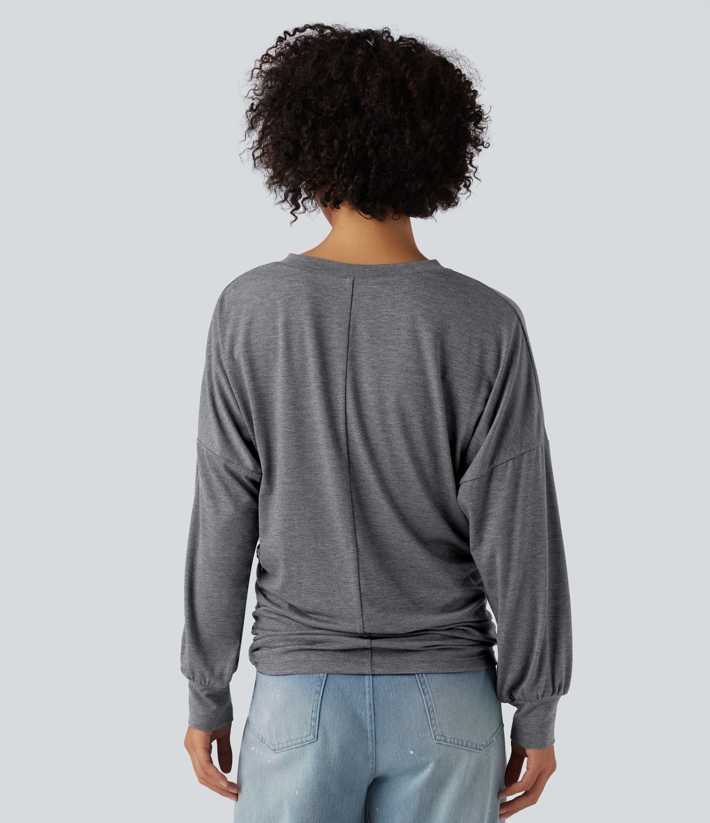 T-shirt décontracté à col V, manches longues et fronces, coupe ample