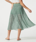 Jupe midi évasée fluide 2-en-1 taille haute imprimé léopard, cordon de serrage et empiècements en maille contrastée, avec poches