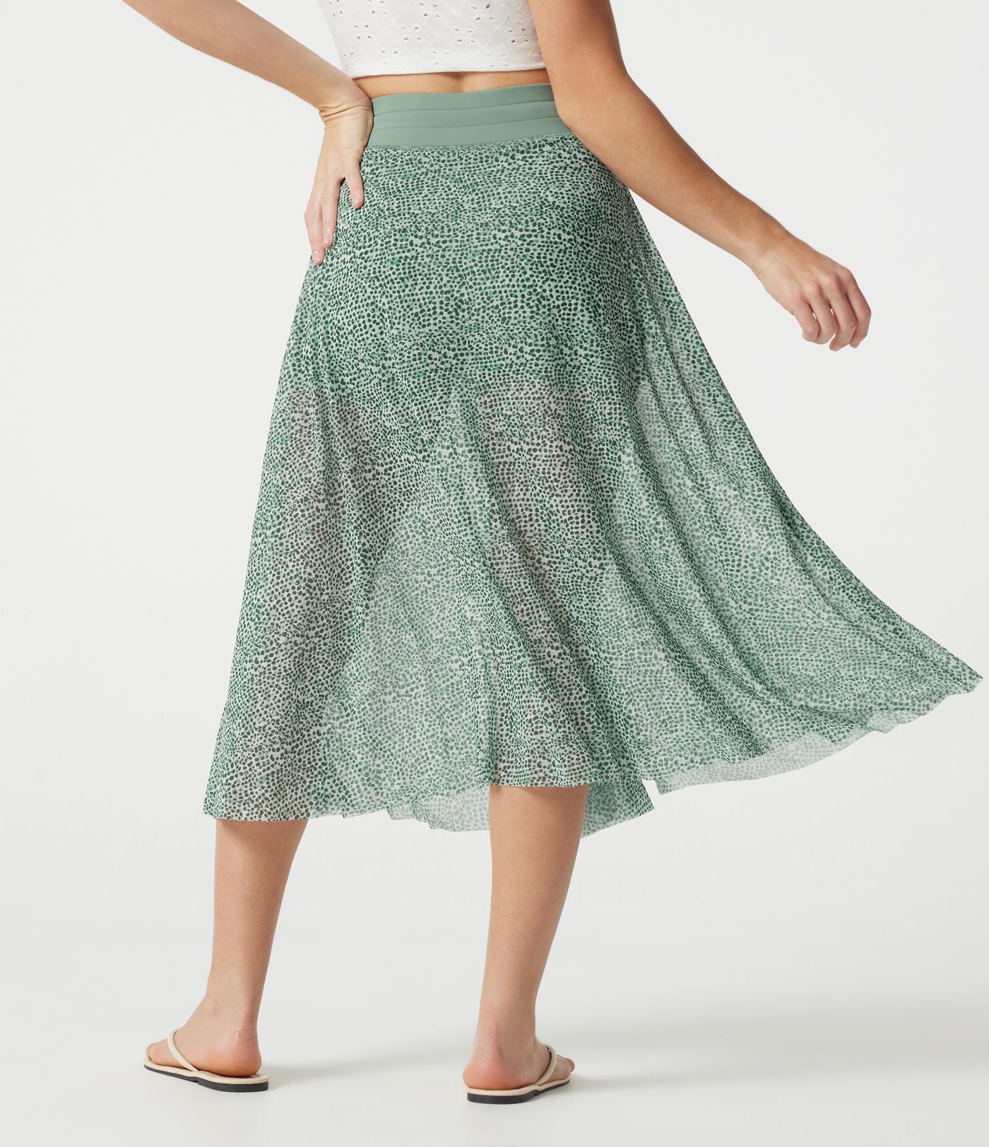 Jupe midi évasée fluide 2-en-1 taille haute imprimé léopard, cordon de serrage et empiècements en maille contrastée, avec poches