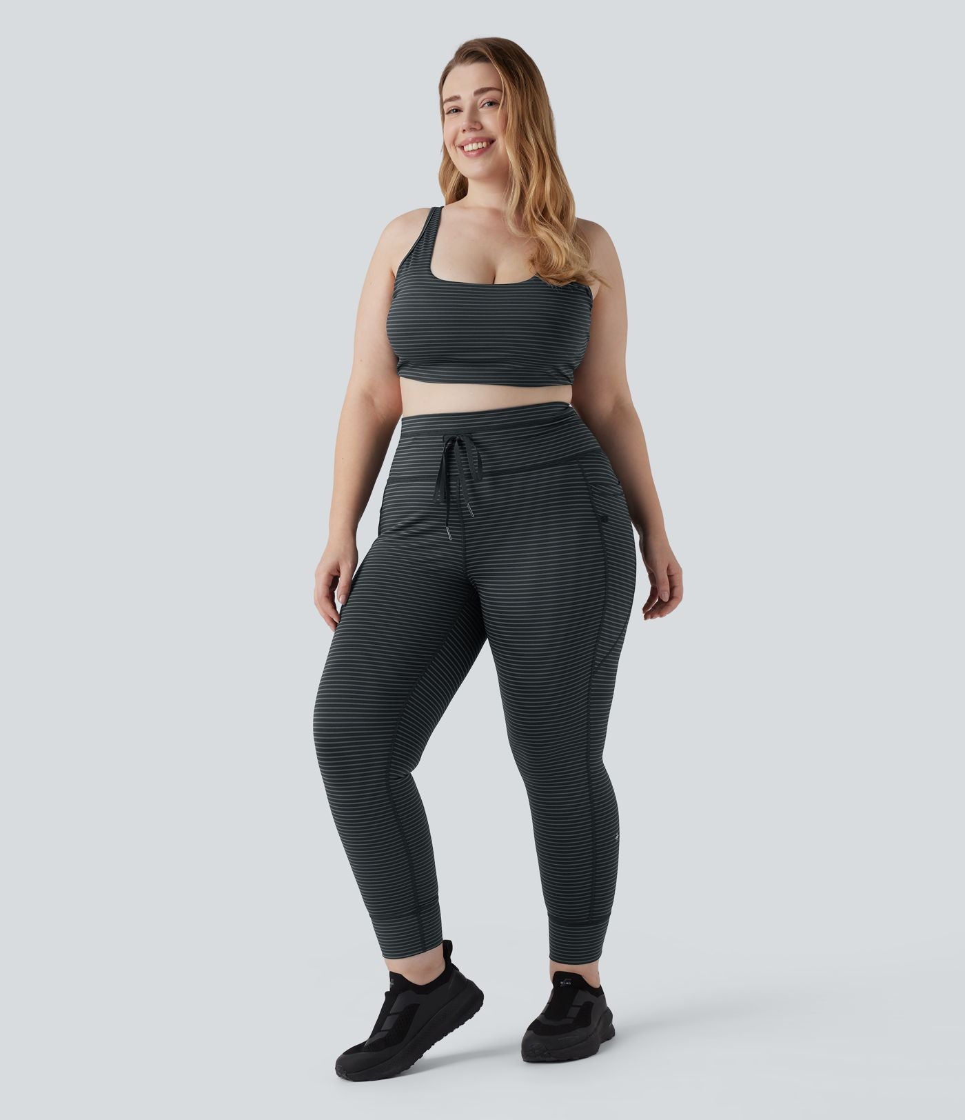 Legging yoga grande taille taille haute avec cordon de serrage à rayures avec poches