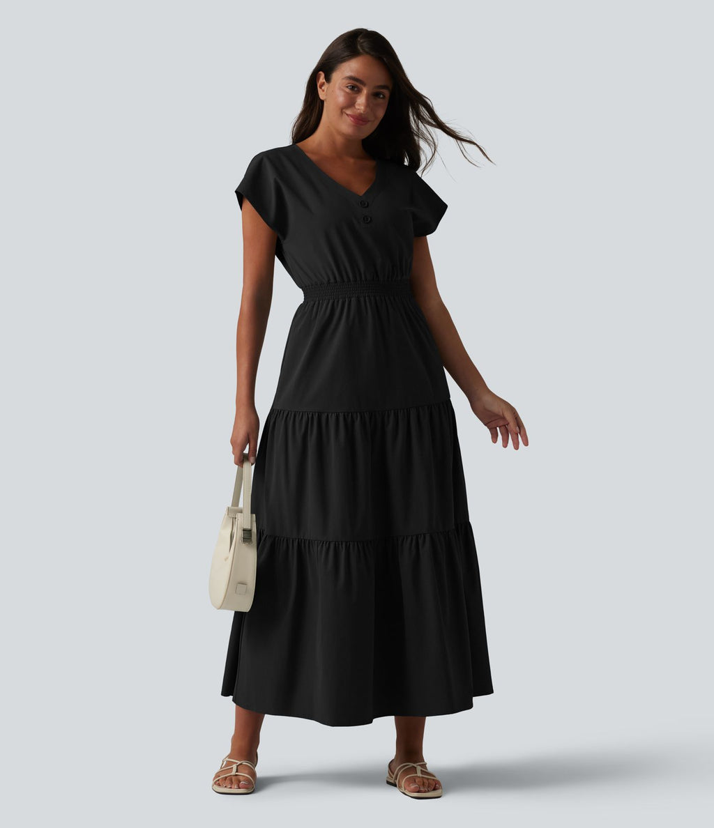 Robe midi décontractée en popeline stretch à manches courtes et col en V