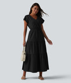 Robe midi décontractée en popeline stretch à manches courtes et col en V