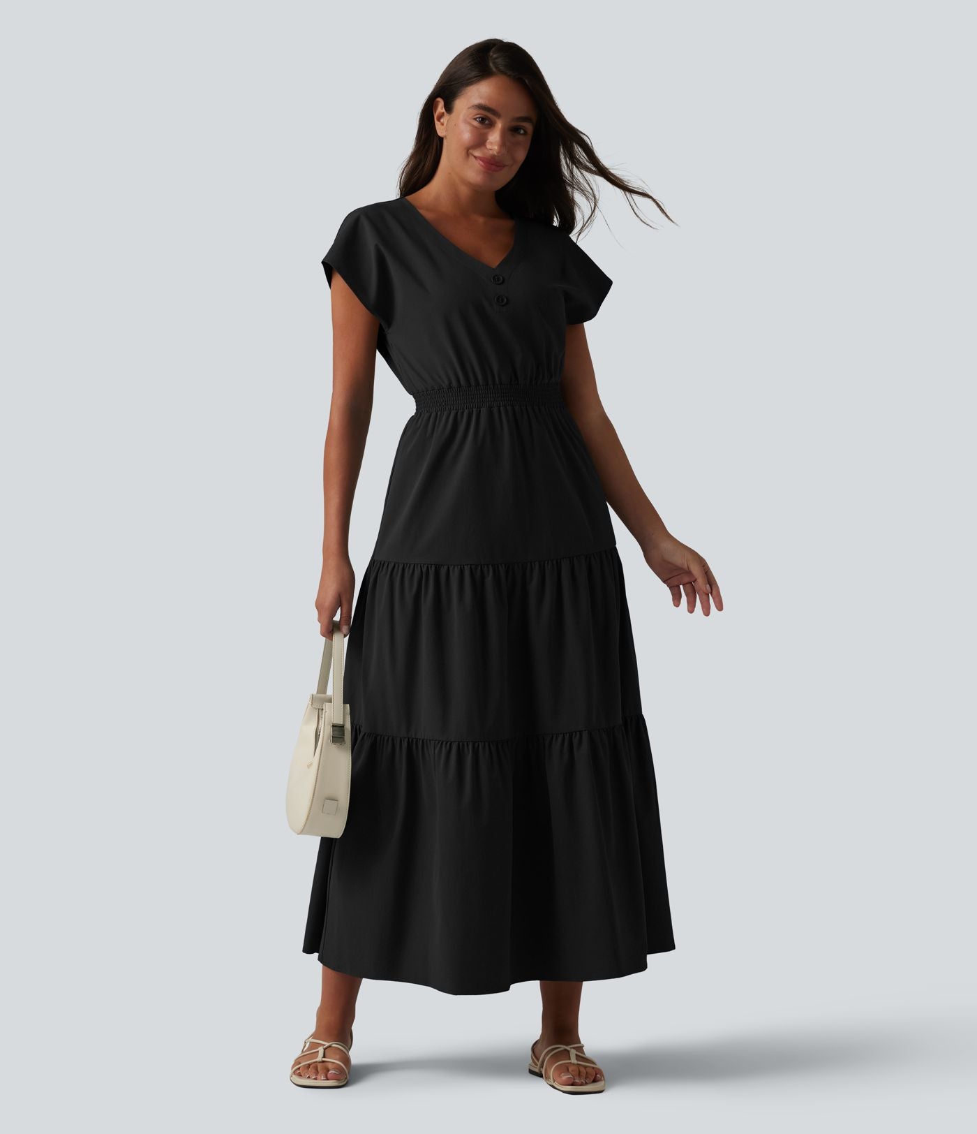 Robe midi décontractée en popeline stretch à manches courtes et col en V