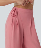 Pantalon détente  effet lin taille haute, cordon latéral avec poches