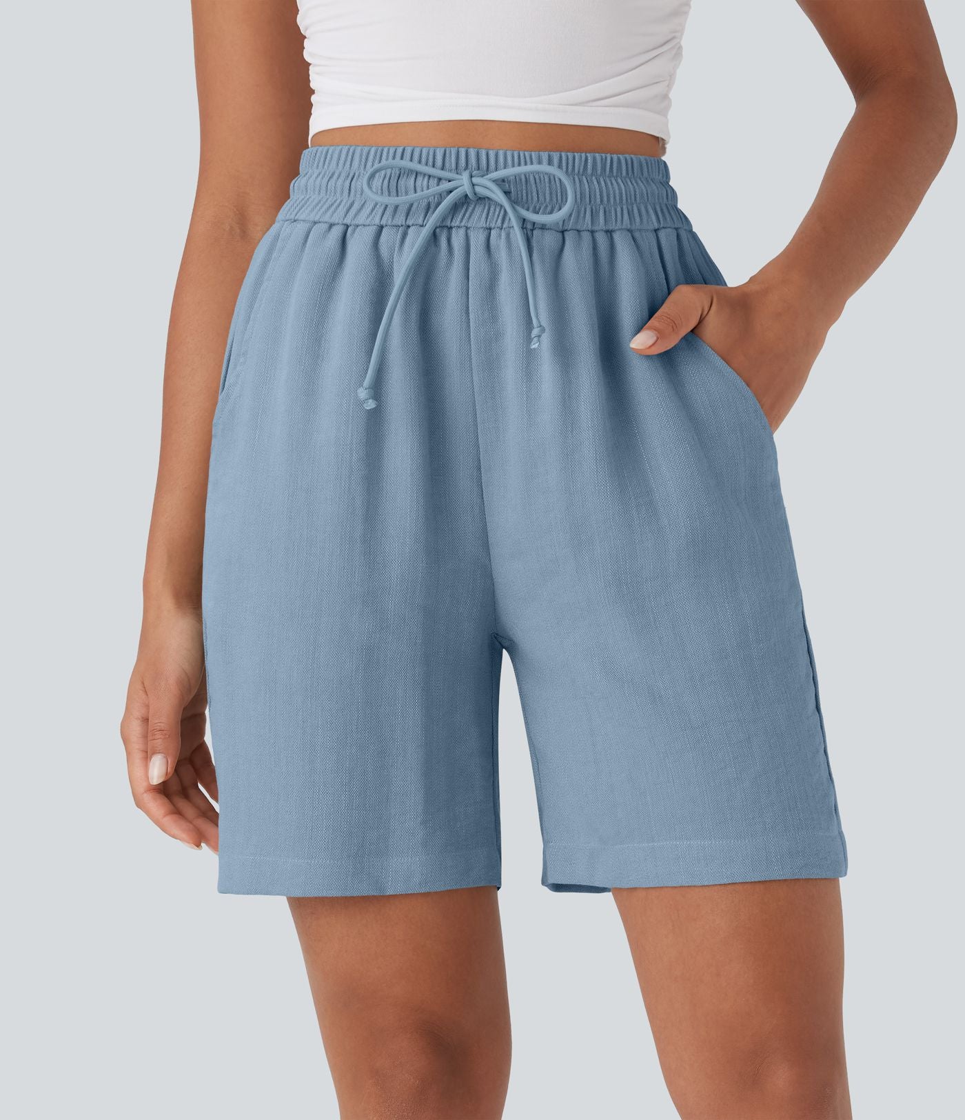 Short décontracté effet lin taille haute avec cordon de serrage et poches latérales