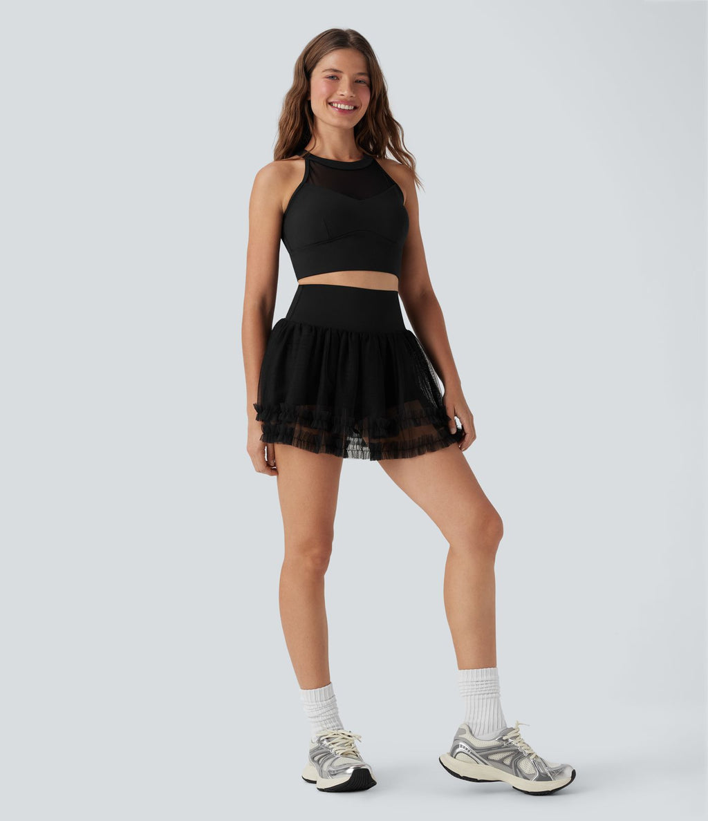Jupe-short de danse courte 2-en-1 gainante taille haute avec empiècements résille contrastés et poches