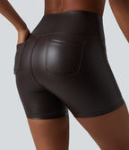 Short de cycliste casual en PU stretch gainant taille haute 12,5 cm avec poches