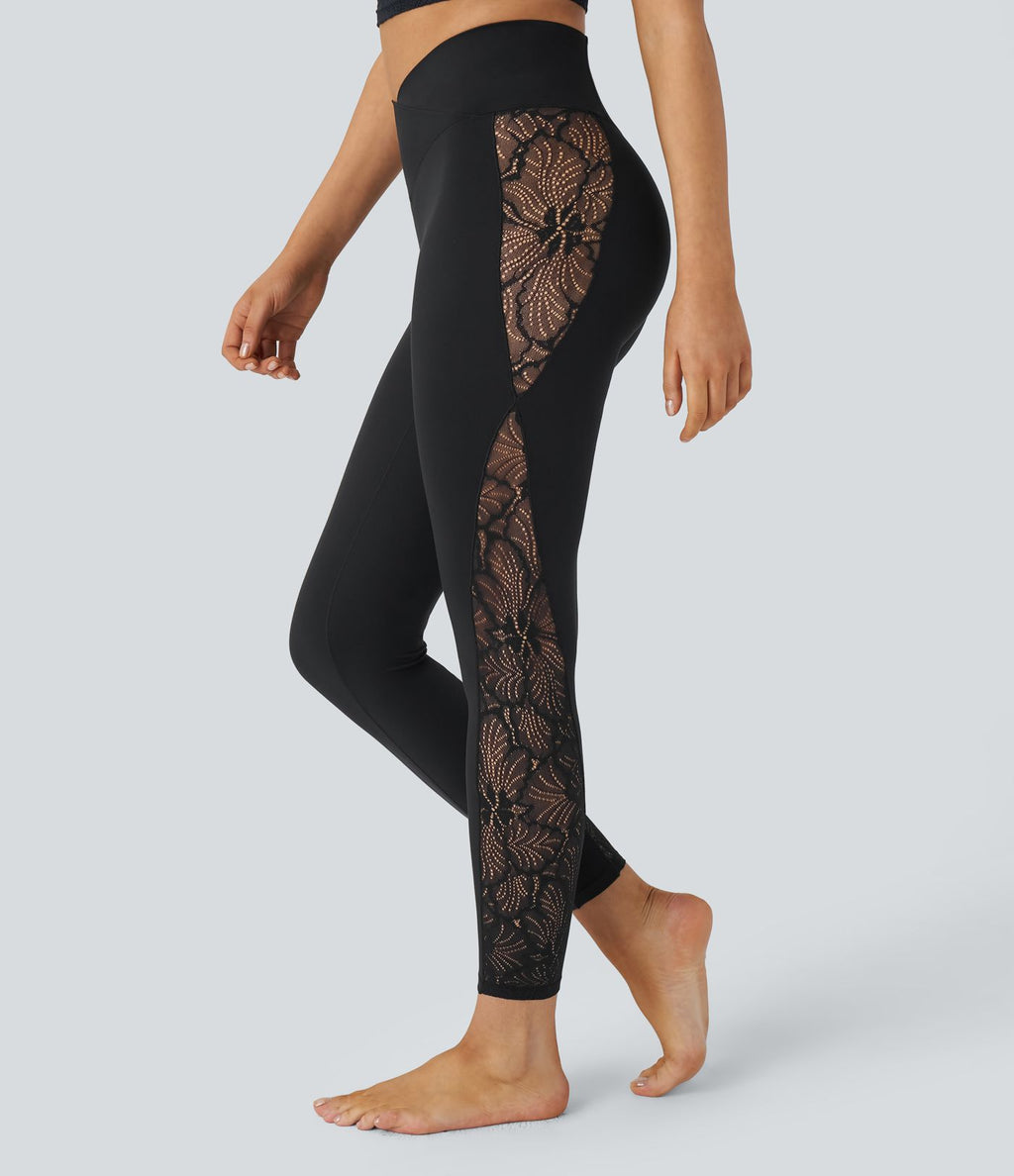 Softlyzero™ Legging Yoga 7/8 Taille Haute avec Poche au Dos Découpe Croisée et Dentelle Contrastante