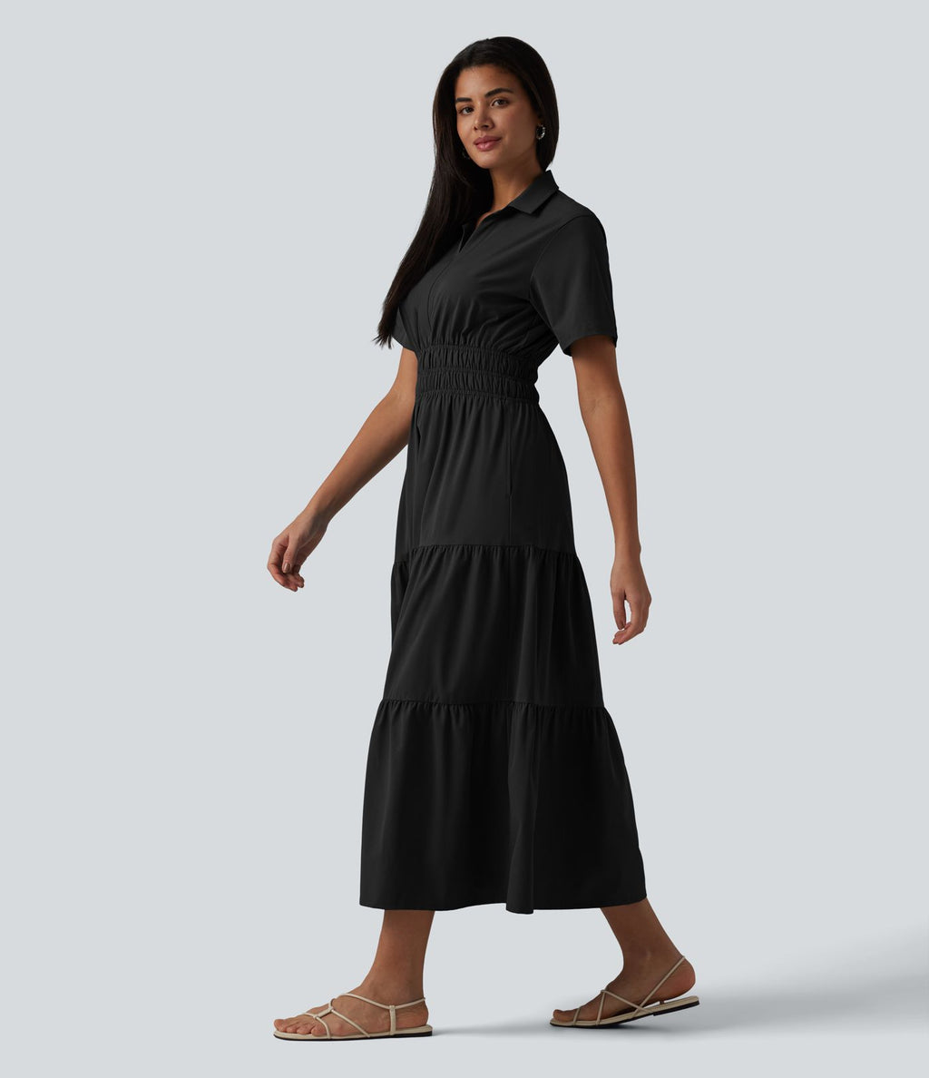 Robe-chemise midi fluide et décontractée en popeline extensible à manches courtes et poches