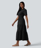 Robe-chemise midi fluide et décontractée en popeline extensible à manches courtes et poches