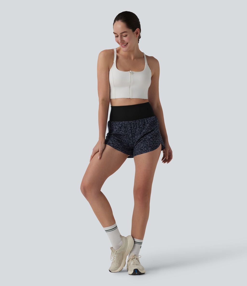 Short de running 2-en-1 taille haute imprimé léopard 7,5 cm avec poche