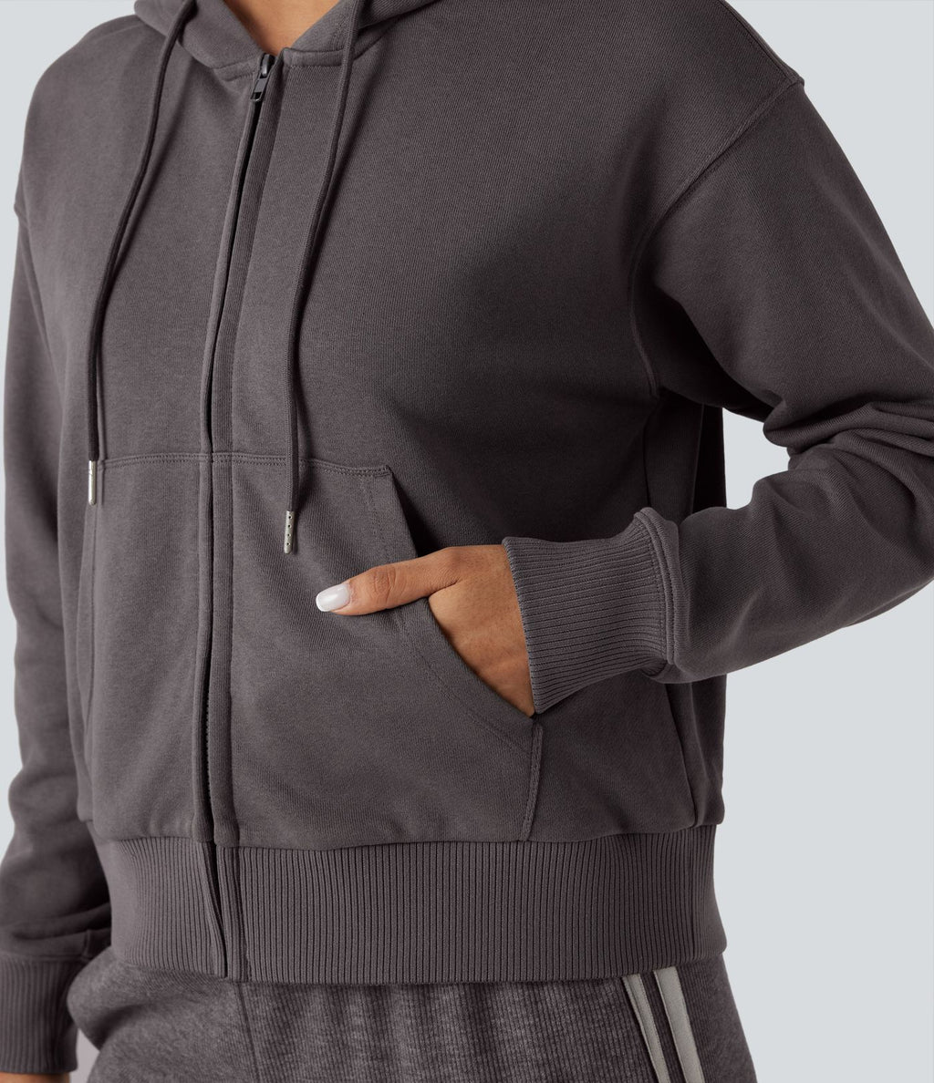 Sweat-shirt coton décontracté à capuche avec fermeture éclair et poches