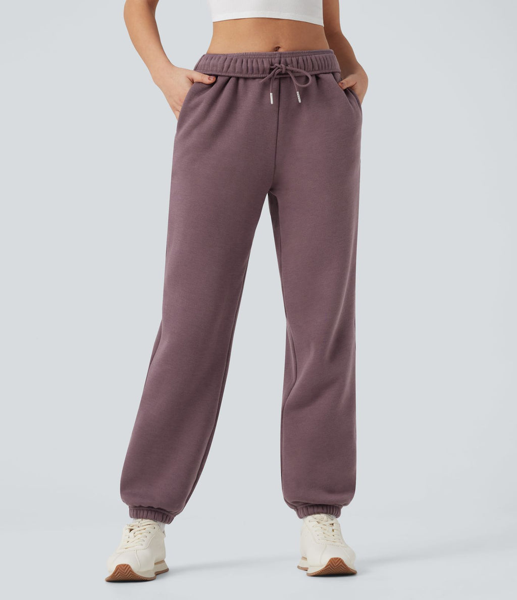 Jogging décontracté polaire taille haute avec cordon de serrage intérieur et poches