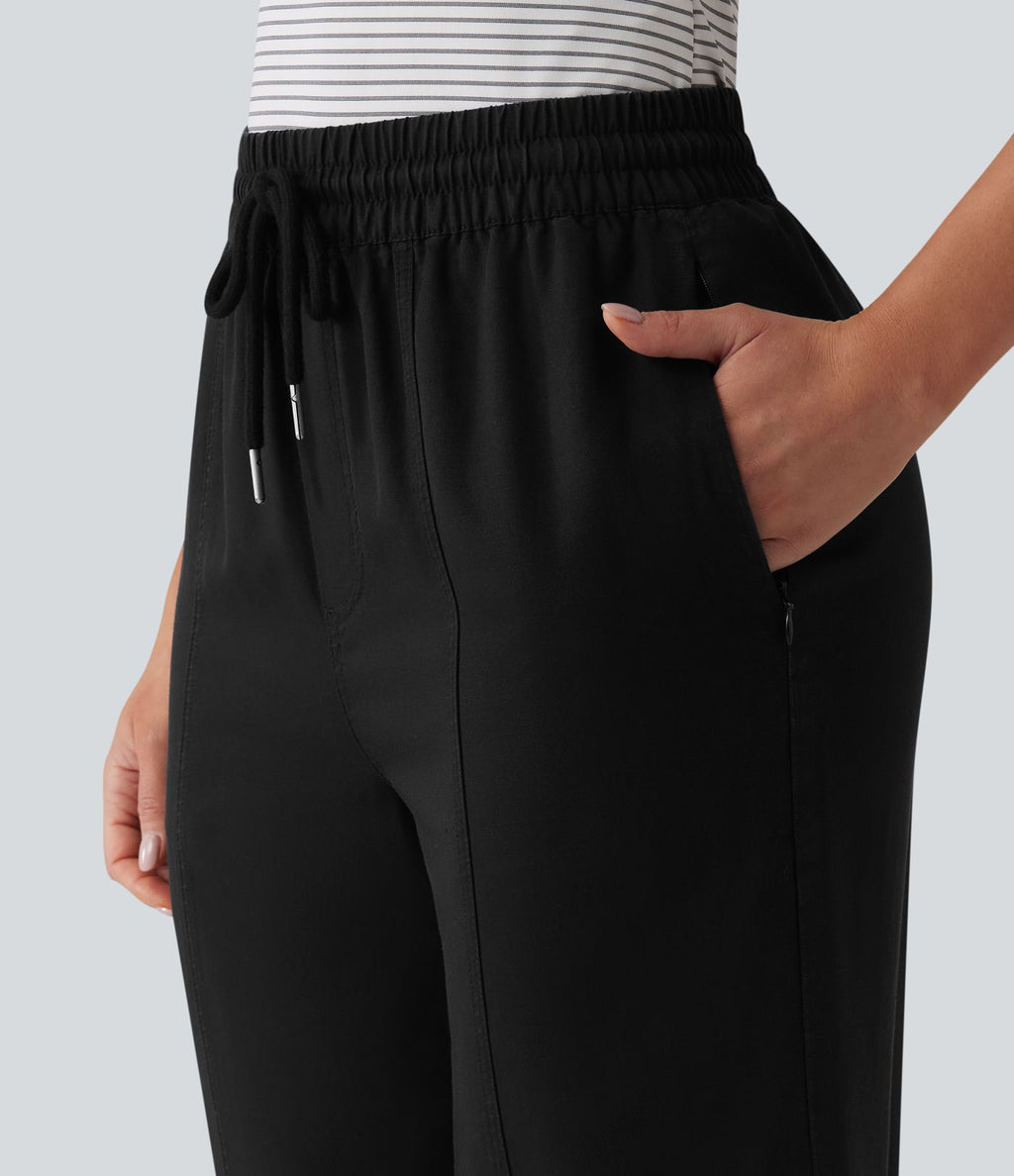 Pantalon casual fuselé en lin drapé taille haute avec cordon de serrage et poches