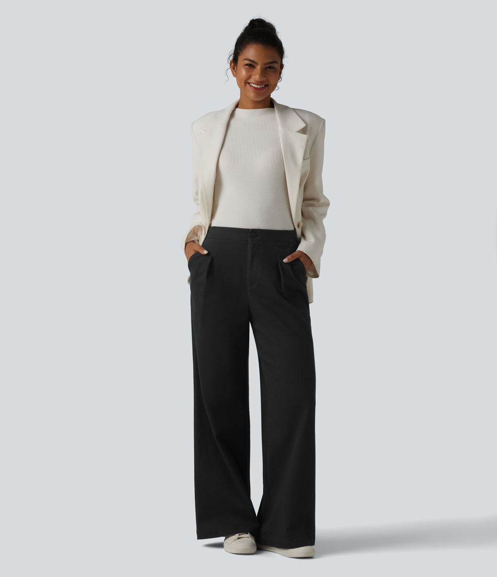 Pantalon tailleur chino large en coton taille haute avec poches