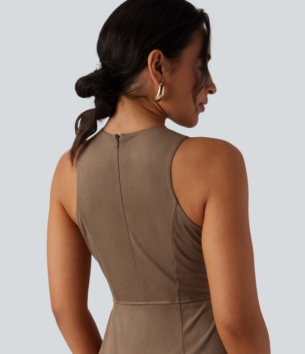Robe mini moulante en suédine col rond sans manches avec franges