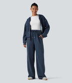 Pantalon jogging en coton molleton français délavé taille haute avec cordon de serrage et poches