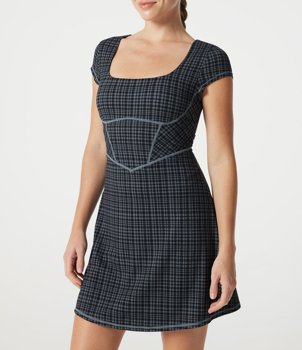 Robe mini décontractée à carreaux Halara UltraSculpt™ avec corset à encolure carrée, brassière intégrée 2-en-1 et poches - Easy Peasy