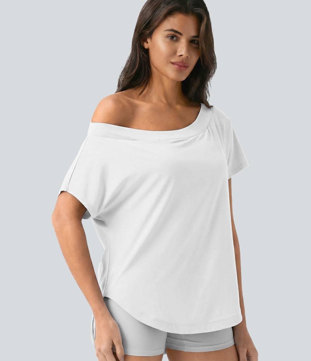 Top de sport yoga asymétrique à épaule dénudée manches courtes ourlet arrondi et coupe asymétrique à séchage rapide – Soutien-gorge intégré
