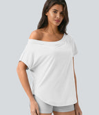 Top de sport yoga asymétrique à épaule dénudée manches courtes ourlet arrondi et coupe asymétrique à séchage rapide – Soutien-gorge intégré